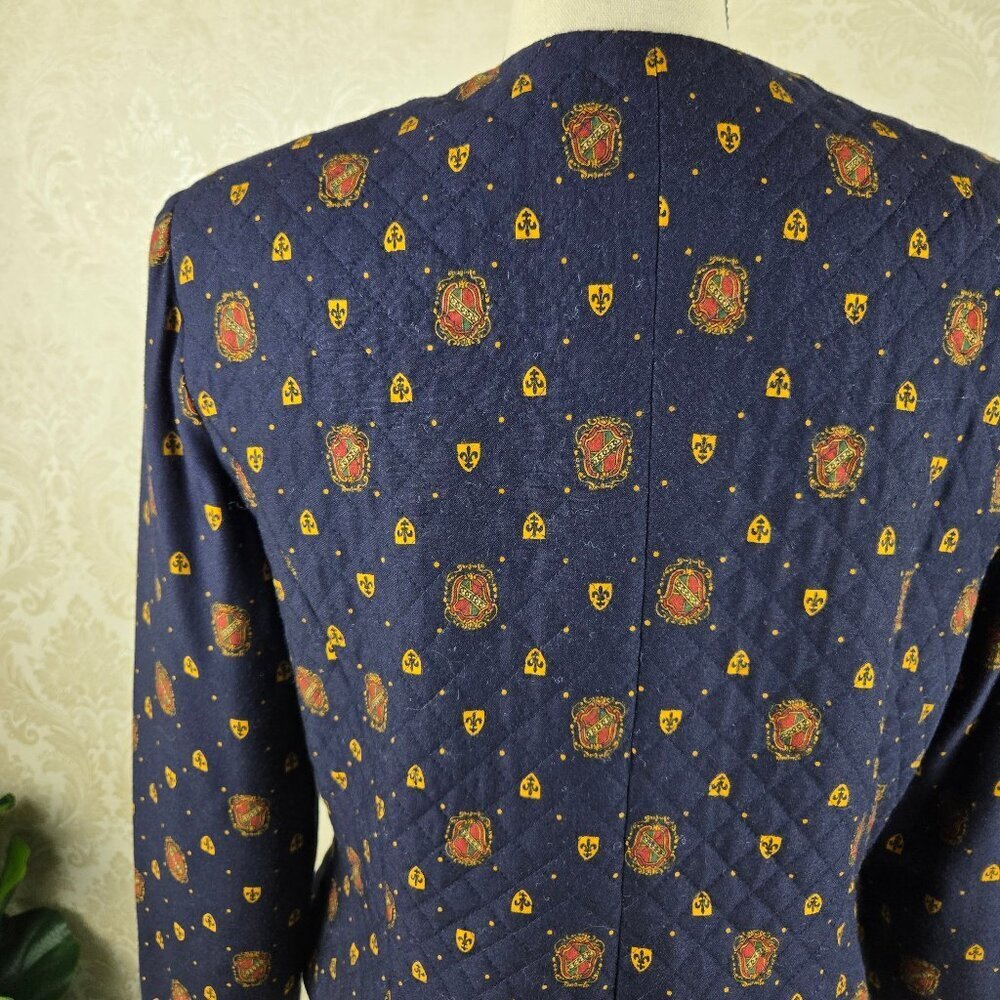 Maggy London Size 12 Navy Blue Quilted Jacket Button Front Crest Fleur De Lis — image 8 of 8